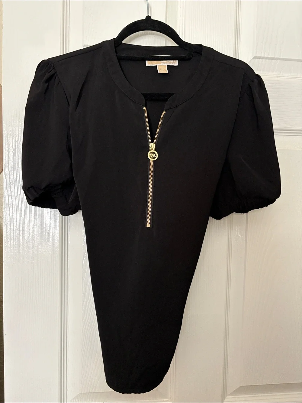 Michael Kors Black Puff-Sleeve Top with Gold Zip